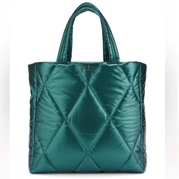 Victoria's Secret Metallic Emerald Teal green blue Puffer Tote Bag - Picture 5 of 5